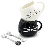 Teagas Juego de tazas de café para gato loco Lady – tazas de café de cerámica blanco y negro y cucharas de gato para café y té de 12 onzas