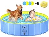 COZII Piscina para Perros Plegable, Piscina Portátil para Mascotas y Niños - Piscina para Perros Grande con Tablero de PP de 6mm y PVC Duro, Bañera Antideslizante para Perros con Cepillo de Baño