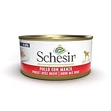 Schesir, Comida húmeda para Perros Adultos, Sabor Pollo con Buey en gelatina Blanda - Total 2,7 kg (18 latas x 150 gr)