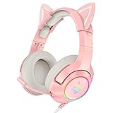 AJIJAR Auriculares para juegos de color rosa con orejas de gato desmontables, adecuados para PS4, sonido envolvente, luz LED RGB y micrófono telescópico con cancelación de ruido