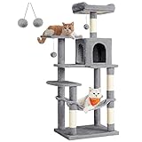 Feandrea Árbol para Gatos, Altura 143 cm, Torre de Gatos, con 4 Postes Rascadores, 2 Plataformas, 1 Cueva, 1 Hamaca, 2 Pompones, Tela de Felpa, Multinivel, Gris Claro PCT161W01