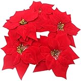 Roqueen 10 Piezas 22CM Flores Artificiales de Navidad con Clips Brillantina Navidad Árbol Poinsettia Decoraciones para Navidad Boda Partido Guirnalda (Rojo)