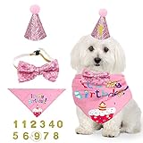 NITAIUN 4 Piezas Perro Cumpleaños Bandana Pajarita Sombrero de Cumpleaños para Mascotas, Regalo Set de Cumpleaños para Mascotas Disfraz de Fiesta para Cachorros Decoración de Cumpleaños (Rosado)
