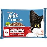 Felix Purina Gelatina Comida Húmeda para Gato Adulto Pack Surtido Carnes, 12 paquetes de 4 sobres de 85g - 48 sobres