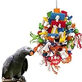 MQUPIN Juguete para masticar pájaros con campanas colgantes, bloques de madera multicolor juguetes para rasgar pájaros, accesorios decorativos para loro: guacamayos gris africano