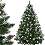 SPRINGOS Árbol de Navidad artificial de 180 cm, pino de plástico con nieve artificial y conos auténticos, efecto invierno