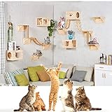 wujin Casa de gato montada en la pared Muebles de madera Percha para gatos Árbol para gatos Estante para gatos con poste para rasguños de gato Estante de escalera para escalar Descanso Jugar Ju