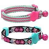 Blueberry Pet Pack of 2 Cat Collars, Geometric Design Adjustable Breakaway Cat Collar in Warm and Low-Bright Colors with Bell, Neck 23cm-33cm