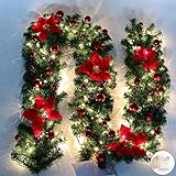 Queta Adornos Guirnalda de Navidad, Guirnalda de Abeto Decoración Navideña con Flores Lámparas Hermosas Decoración Navideña para Escaleras, Paredes, Puertas 2.7m (Rojo)